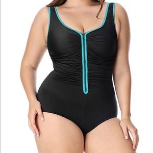 One Piece Swim Suit with Zipper/Ruching Detail